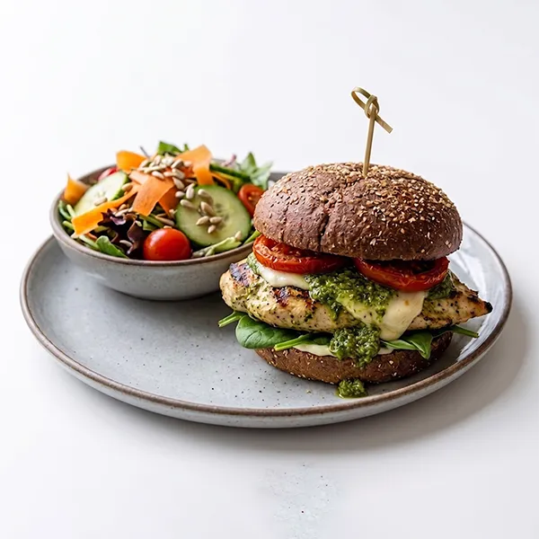 Whole-Meal Chicken Pesto Burger With House Salad